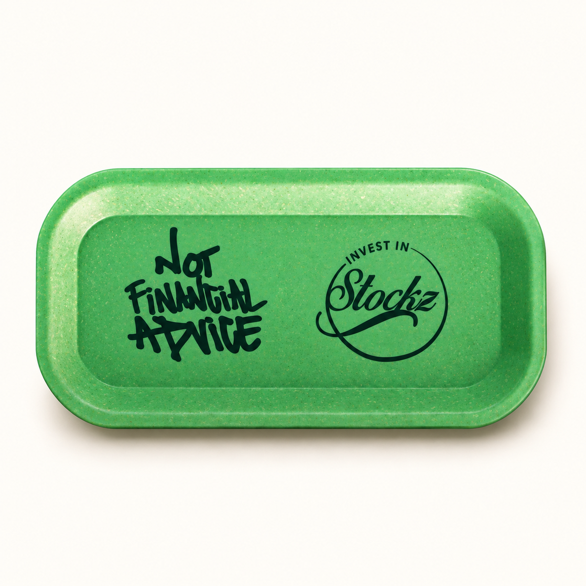 Green biodegradable NFA valet tray with Not Financial Advice and Invest in Stockz artwork